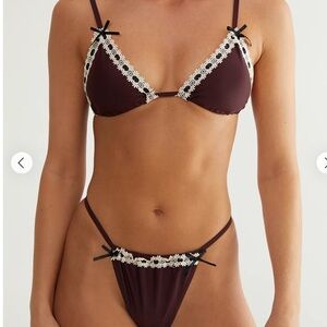 NastyGal Western Ribbon Lace Bow Vintage Triangle Bikini Set Top and Bottoms